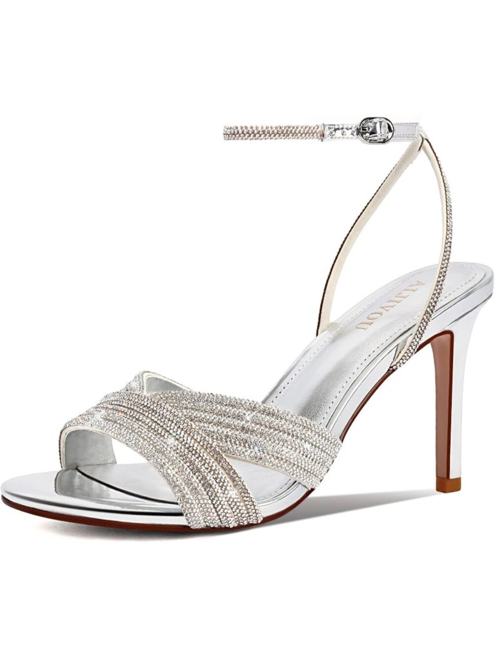 Women's Silver Summer Rhinestone Sparkly Round Open Toe Ankle Strap Heel Sandals